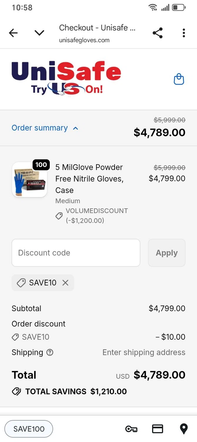 UniSafe Inc. discount code screenshot showing code SAVE10 applied at UniSafe Inc. checkout page. Uploaded by SimplyCodes community member franksanchez on Jan 5, 2026