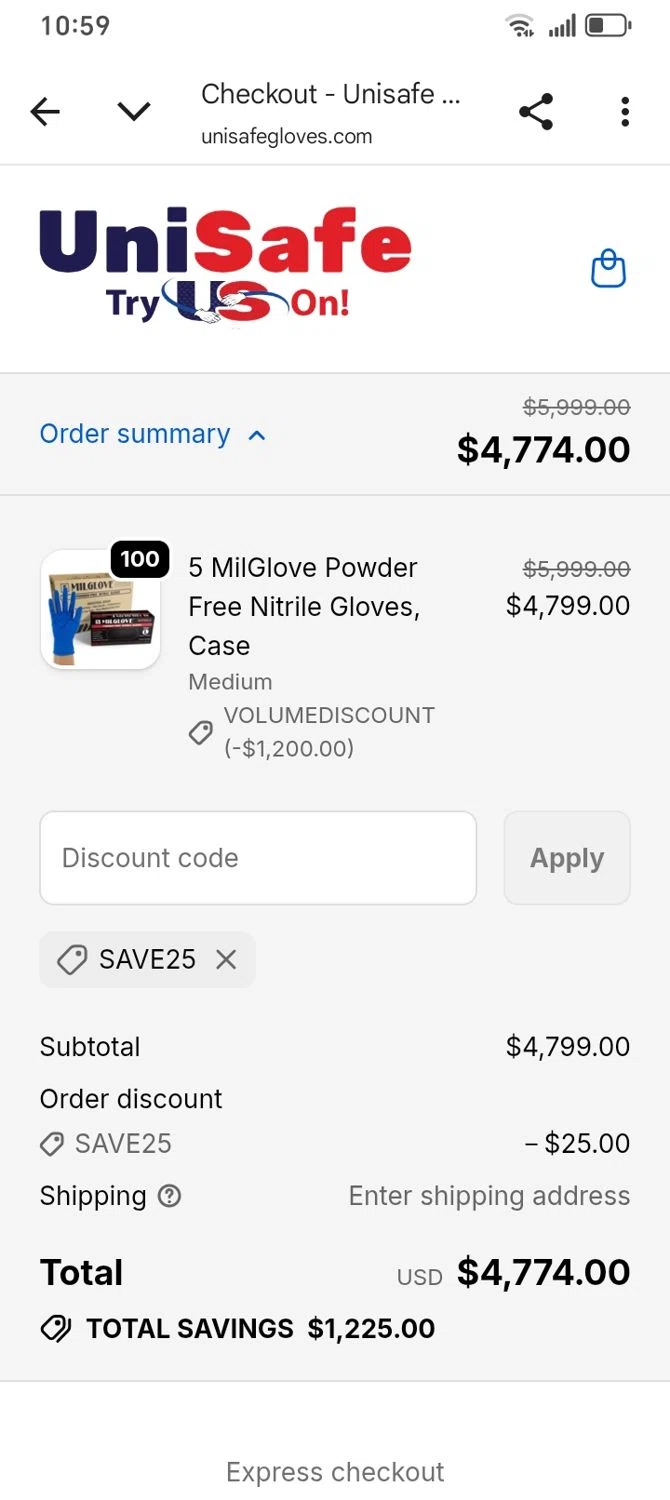 UniSafe Inc. discount code screenshot showing code SAVE25 applied at UniSafe Inc. checkout page. Uploaded by SimplyCodes community member franksanchez on Jan 5, 2026