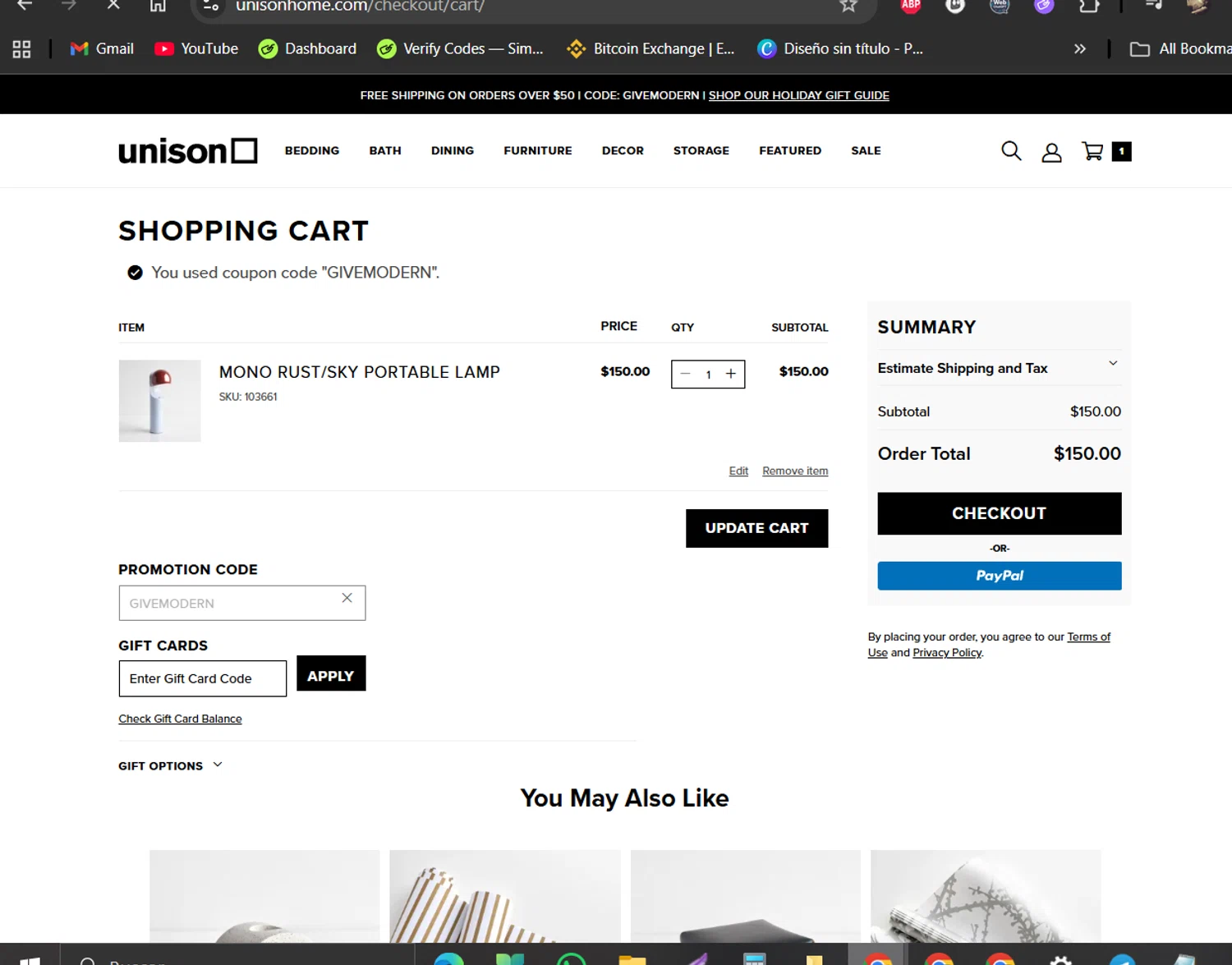 Unison promo code screenshot showing code GIVEMODERN applied at Unison checkout page. Uploaded by SimplyCodes community member LiShang on Oct 30, 2025