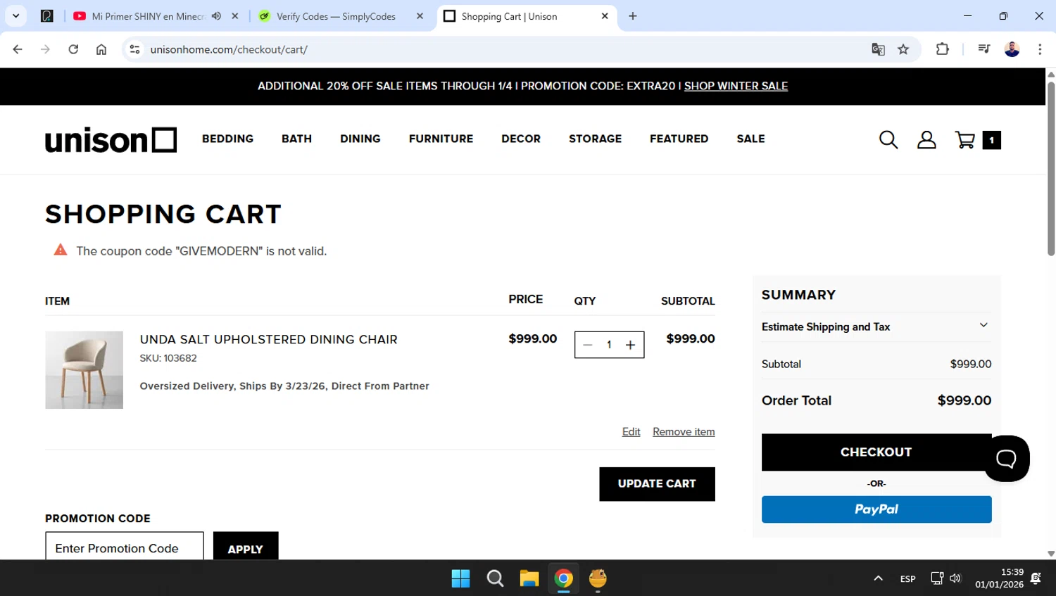 Unison promo code screenshot showing code GIVEMODERN applied at Unison checkout page. Uploaded by SimplyCodes community member joseg151520 on Jan 1, 2026