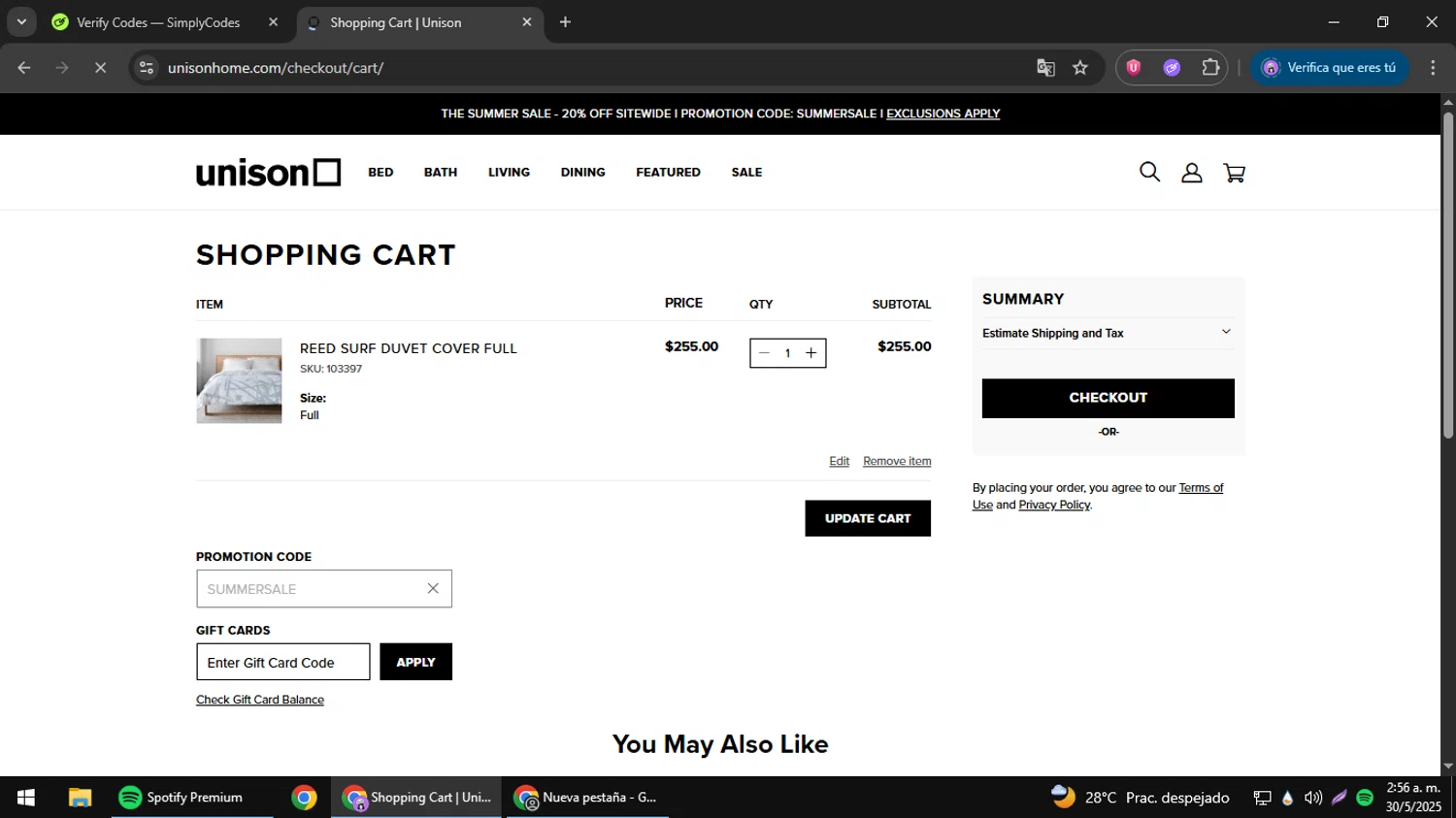 Unison checkout page showing Unison promo code box | Screenshot taken by SimplyCodes community member on May 30, 2025
