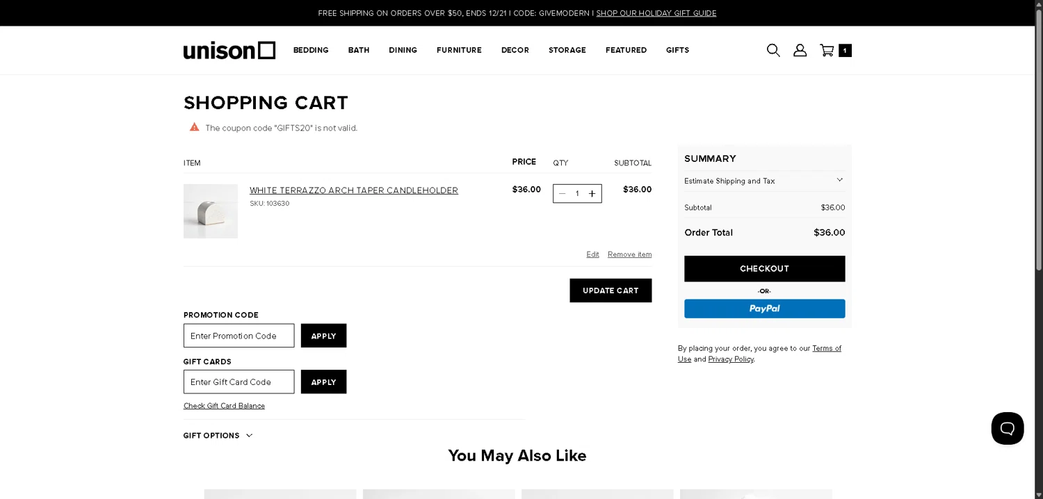 Unison promo code screenshot showing code GIFTS20 applied at Unison checkout page. Uploaded by SimplyCodes community member DealHunter6996 on Dec 22, 2025