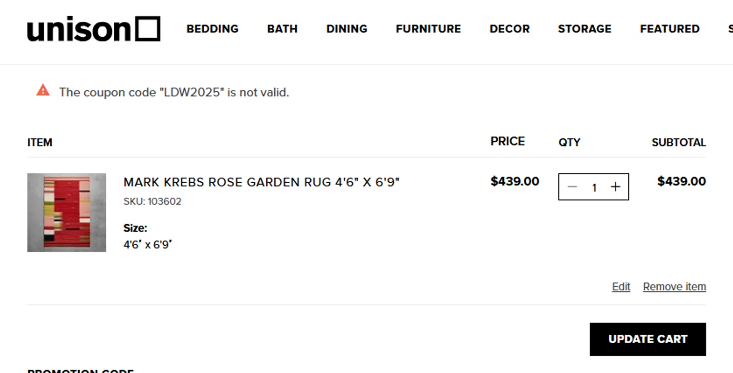 Unison promo code screenshot showing code LDW2025 applied at Unison checkout page. Uploaded by SimplyCodes community member fjkdjkldsf on Sep 26, 2025