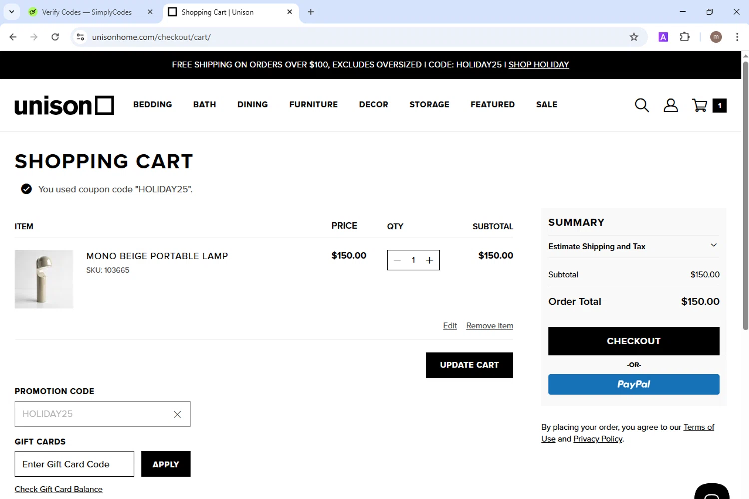 Unison checkout page showing Unison promo code box | Screenshot taken by SimplyCodes community member on Oct 9, 2025