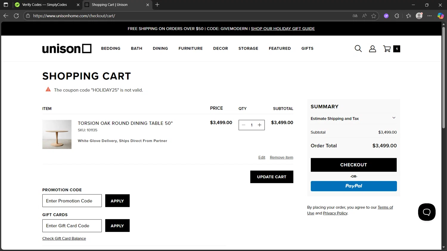 Unison promo code screenshot showing code HOLIDAY25 applied at Unison checkout page. Uploaded by SimplyCodes community member Morticia on Nov 7, 2025