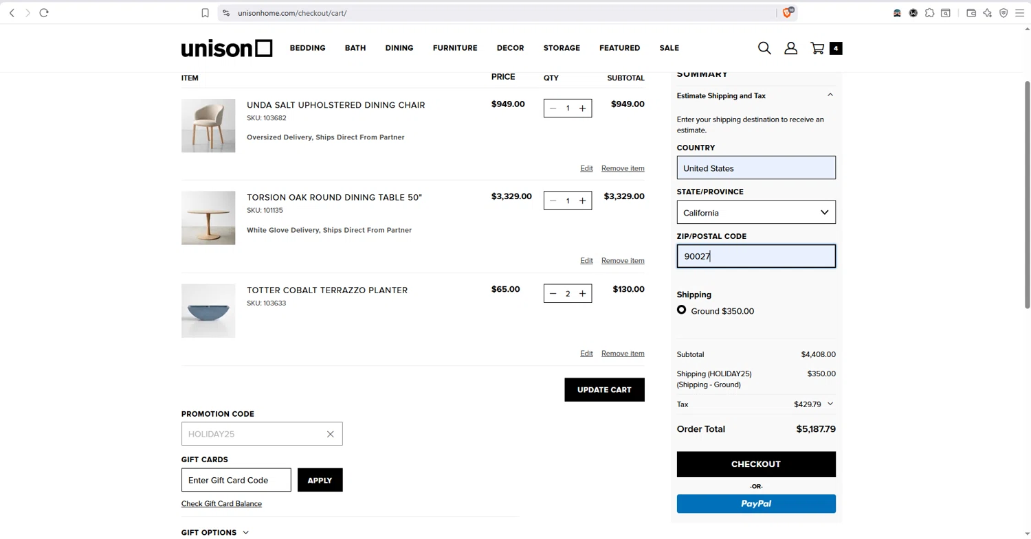 Unison checkout page showing Unison promo code box | Screenshot taken by SimplyCodes community member on Oct 9, 2025