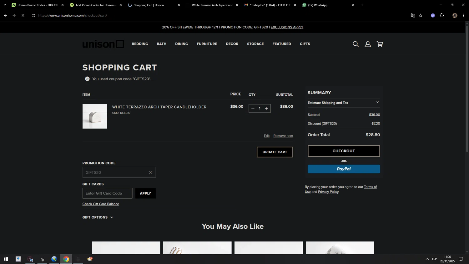Unison promo code screenshot showing code GIFTS20 applied at Unison checkout page. Uploaded by SimplyCodes community member MarcosAranguren on Nov 23, 2025