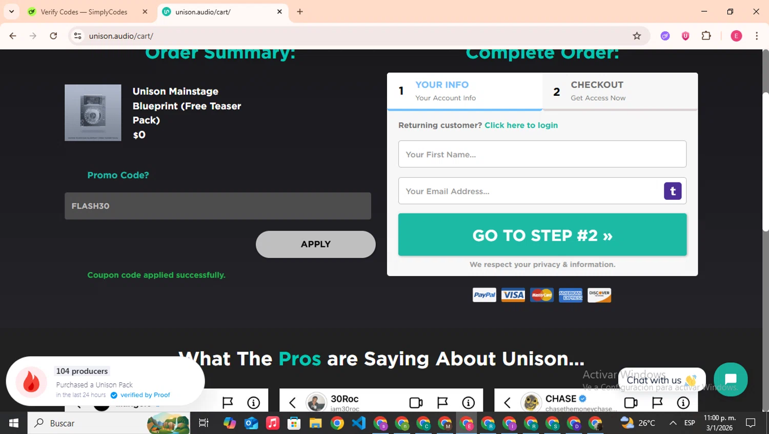 Unison Audio promo code screenshot showing code FLASH30 applied at Unison Audio checkout page. Uploaded by SimplyCodes community member CouponHero7312 on Jan 4, 2026
