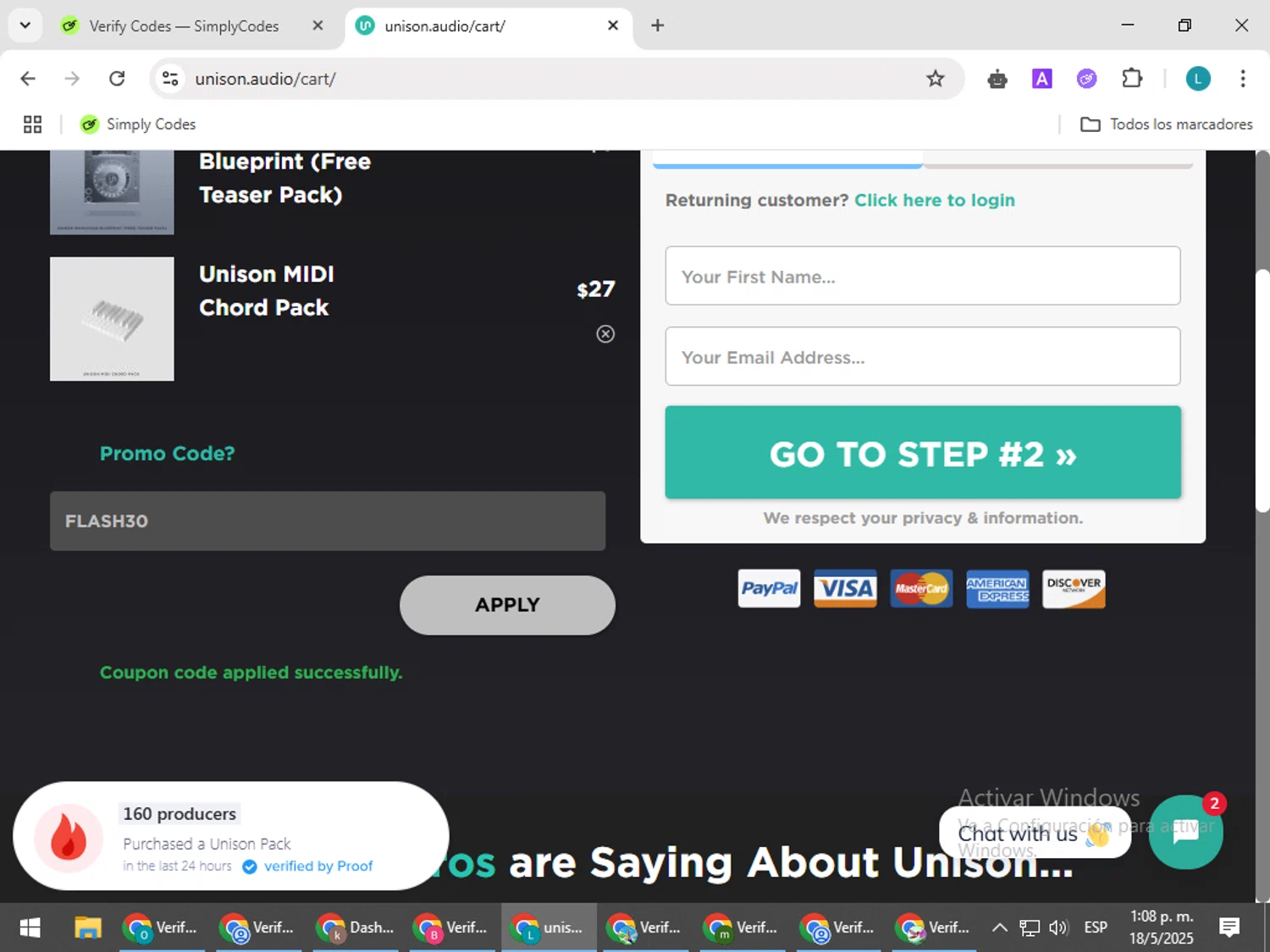 Unison Audio promo code screenshot showing code FLASH30 applied at Unison Audio checkout page. Uploaded by SimplyCodes community member LuckyLegend792 on May 18, 2025