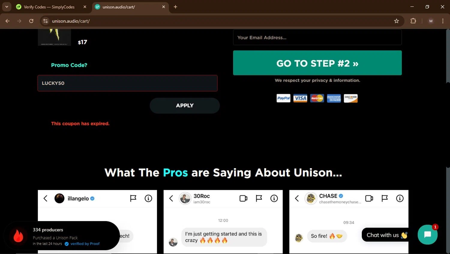 Unison Audio promo code screenshot showing code LUCKY50 applied at Unison Audio checkout page. Uploaded by SimplyCodes community member Carrillojose on Apr 16, 2025