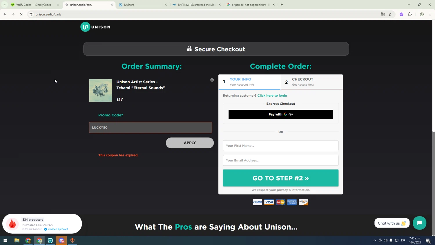 Unison Audio promo code screenshot showing code LUCKY50 applied at Unison Audio checkout page. Uploaded by SimplyCodes community member sfdfgdsfgdfgdfg on Apr 16, 2025