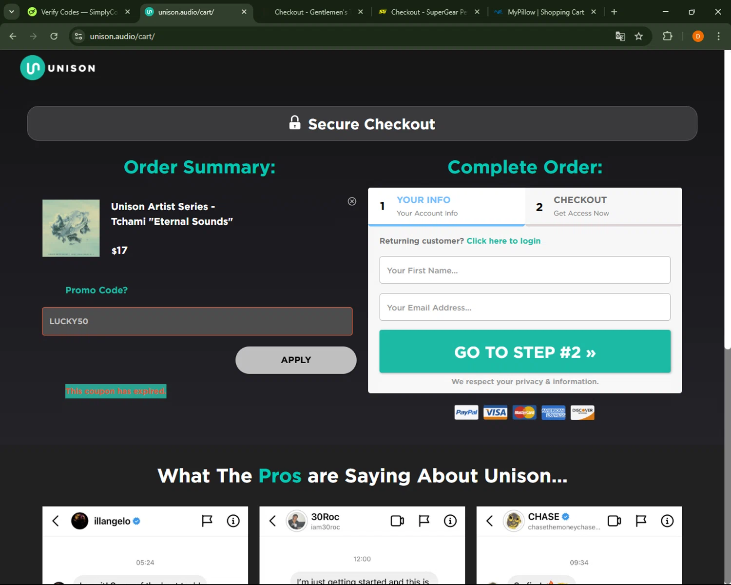 Unison Audio promo code screenshot showing code LUCKY50 applied at Unison Audio checkout page. Uploaded by SimplyCodes community member FrugalFalcon351 on Apr 16, 2025