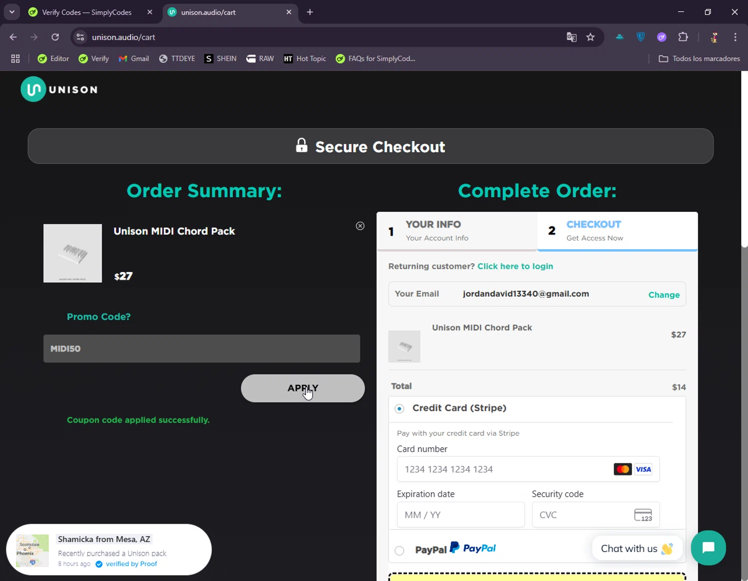 Unison Audio promo code screenshot showing code MIDI50 applied at Unison Audio checkout page. Uploaded by SimplyCodes community member DonGato on Jul 29, 2025