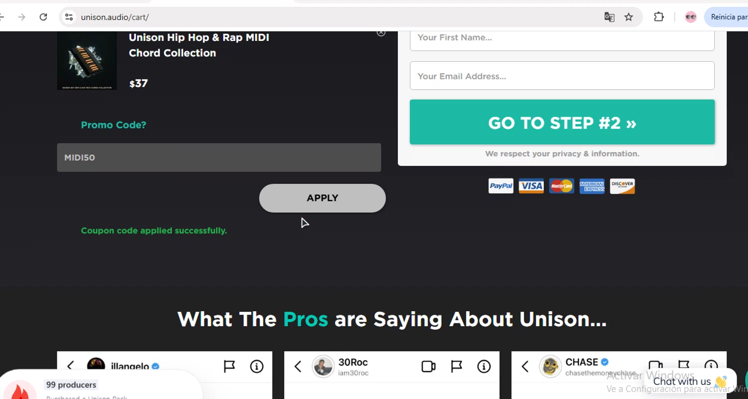 Unison Audio promo code screenshot showing code MIDI50 applied at Unison Audio checkout page. Uploaded by SimplyCodes community member Xiomr78 on Oct 26, 2025