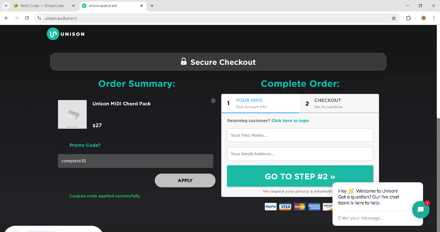 Unison Audio promo code screenshot showing code complete35 applied at Unison Audio checkout page. Uploaded by SimplyCodes community member JosephStevens774 on Oct 27, 2025