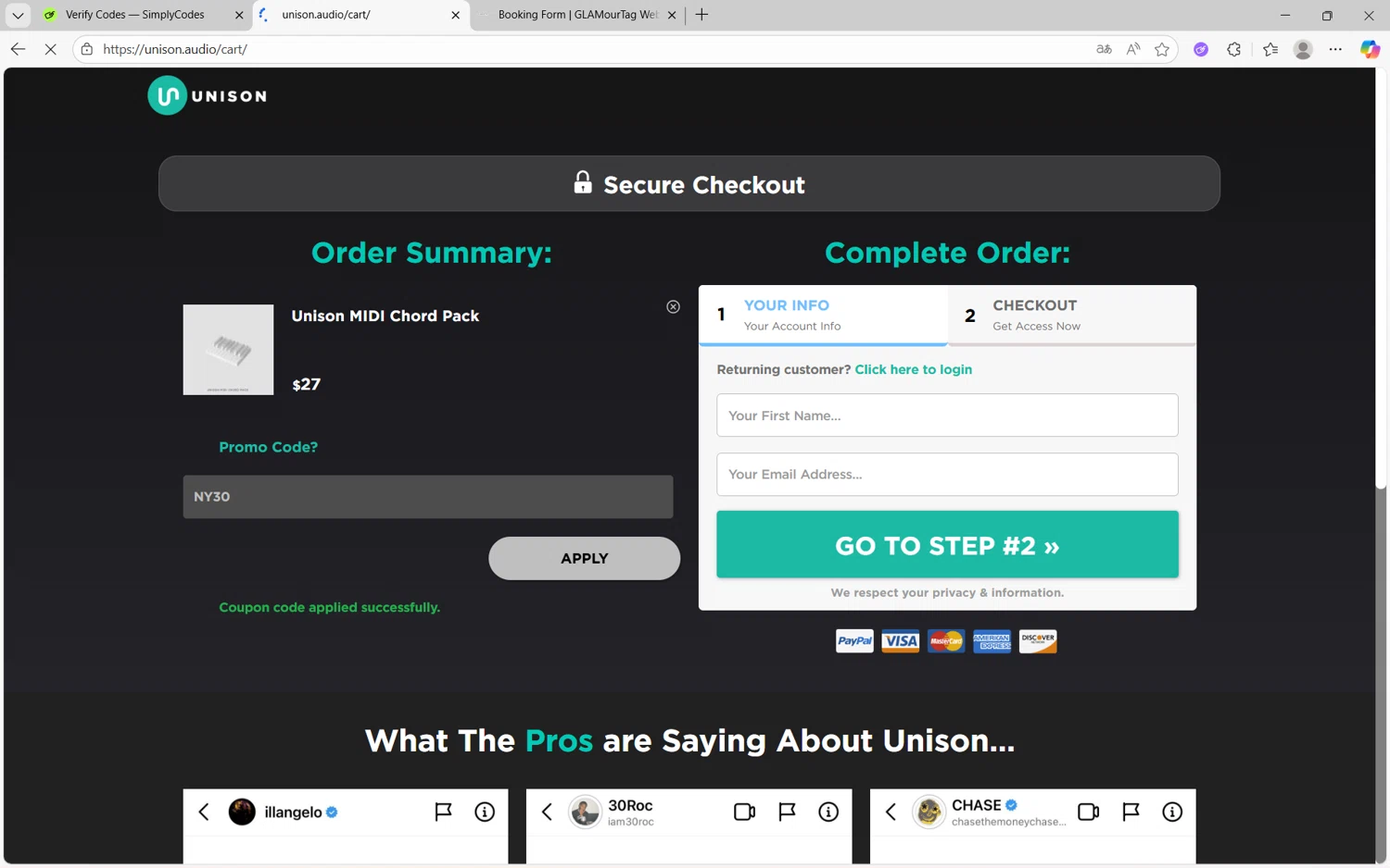 Unison Audio promo code screenshot showing code NY30 applied at Unison Audio checkout page. Uploaded by SimplyCodes community member frijolito on Oct 27, 2025