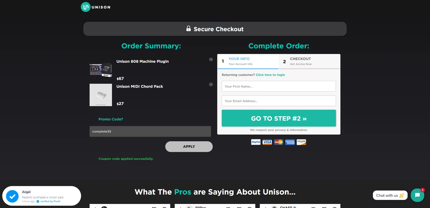 Unison Audio promo code screenshot showing code complete35 applied at Unison Audio checkout page. Uploaded by SimplyCodes community member pabloprieto on Oct 27, 2025