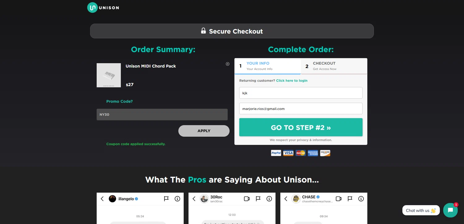 Unison Audio promo code screenshot showing code NY30 applied at Unison Audio checkout page. Uploaded by SimplyCodes community member pabloprieto on Oct 27, 2025