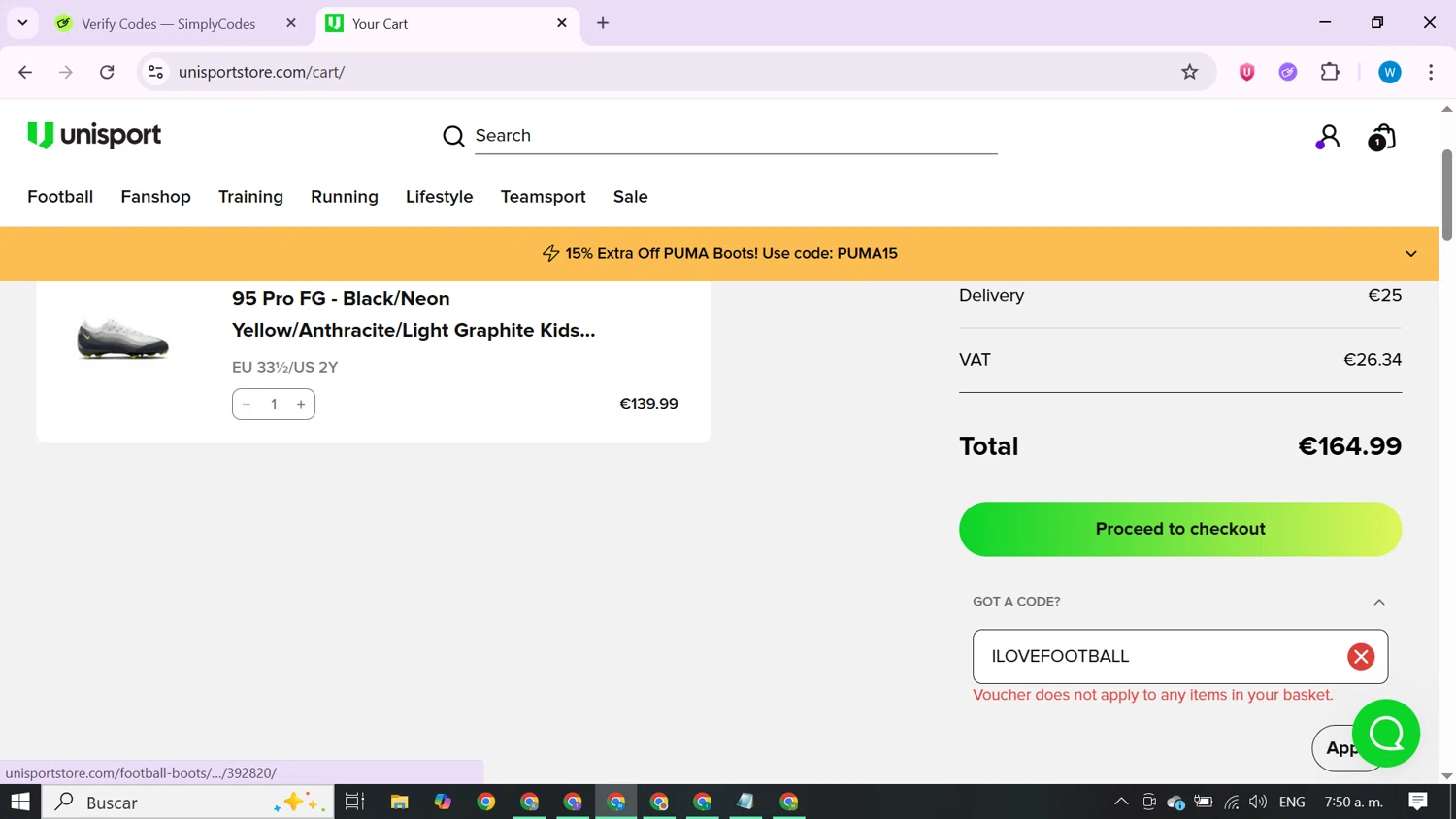 Unisportstore.com discount code screenshot showing code ILOVEFOOTBALL applied at Unisportstore.com checkout page. Uploaded by SimplyCodes community member CrownShopper7142 on Jun 4, 2025