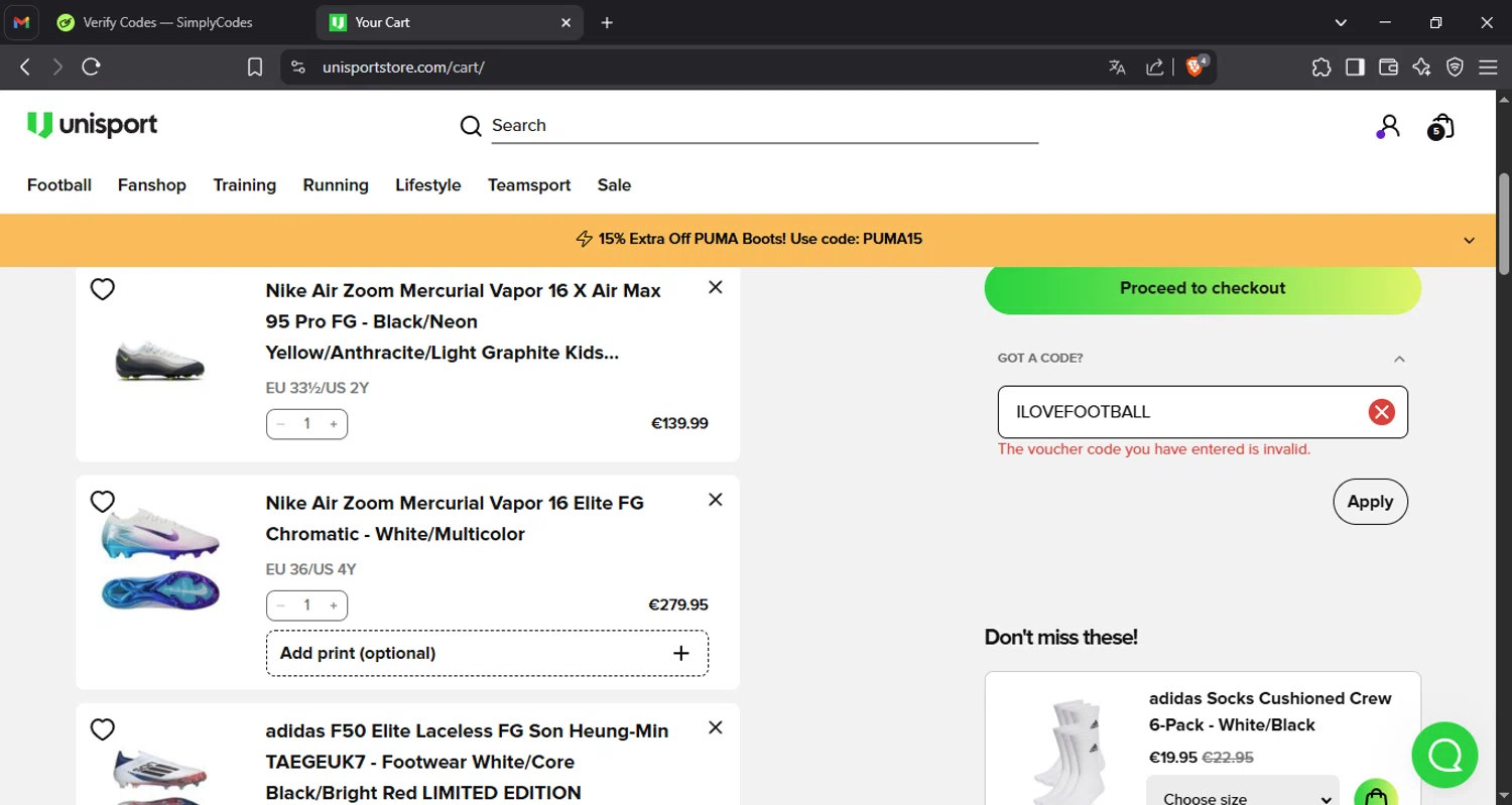 Unisportstore.com discount code screenshot showing code ILOVEFOOTBALL applied at Unisportstore.com checkout page. Uploaded by SimplyCodes community member Migu_u on Jun 4, 2025