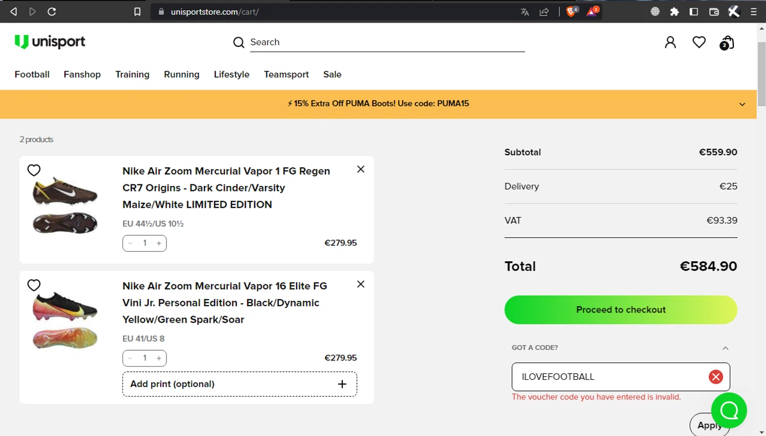 Unisportstore.com discount code screenshot showing code ILOVEFOOTBALL applied at Unisportstore.com checkout page. Uploaded by SimplyCodes community member l2994552451687 on Jun 4, 2025