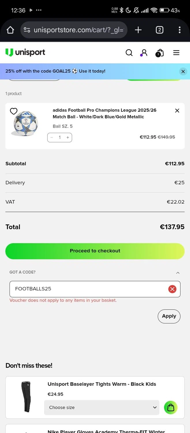 Unisportstore.com checkout page showing Unisportstore.com discount code box | Screenshot taken by SimplyCodes community member on Nov 14, 2025