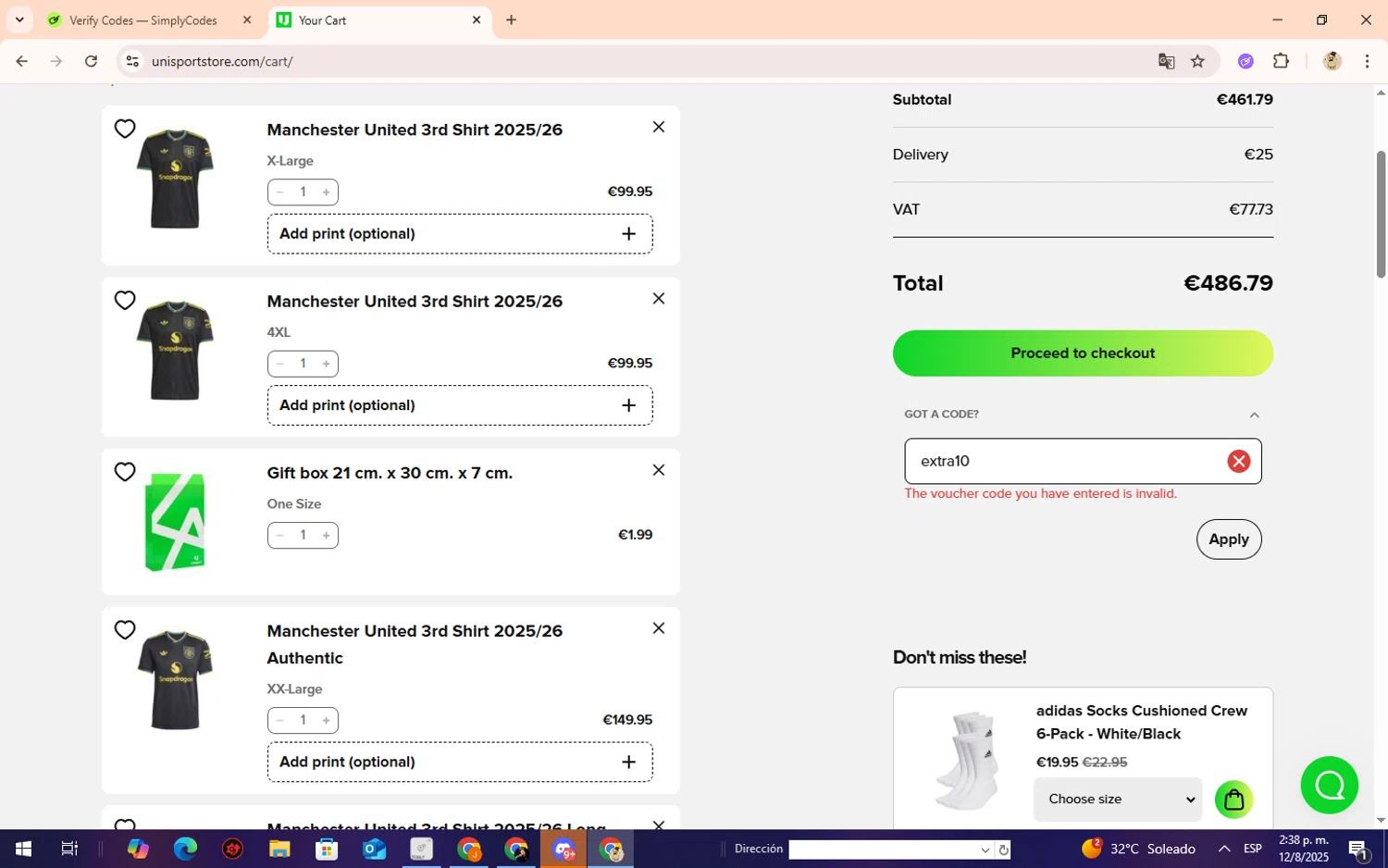 Unisportstore.com discount code screenshot showing code extra10 applied at Unisportstore.com checkout page. Uploaded by SimplyCodes community member Lilithh on Aug 12, 2025