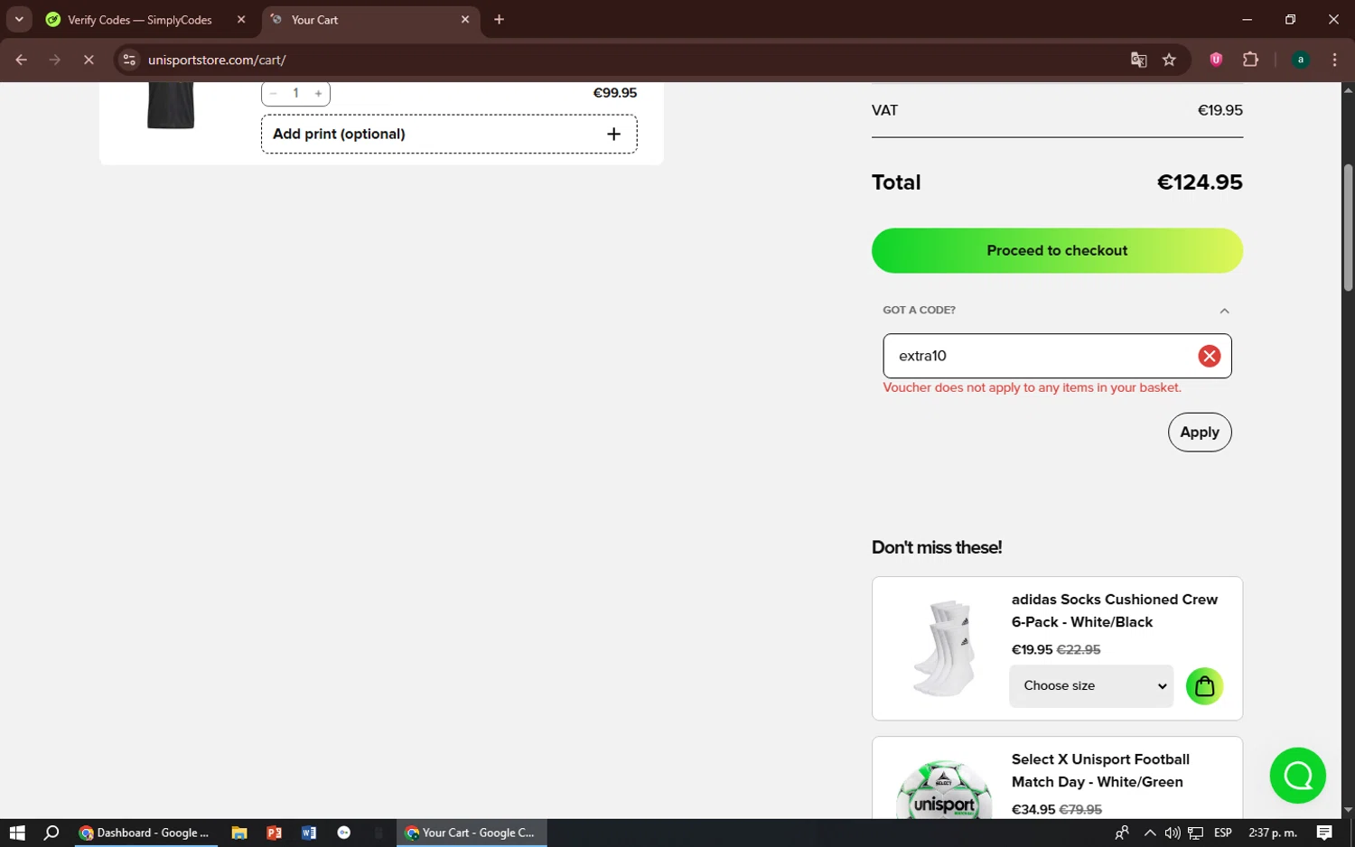 Unisportstore.com discount code screenshot showing code extra10 applied at Unisportstore.com checkout page. Uploaded by SimplyCodes community member zizu55 on Aug 12, 2025