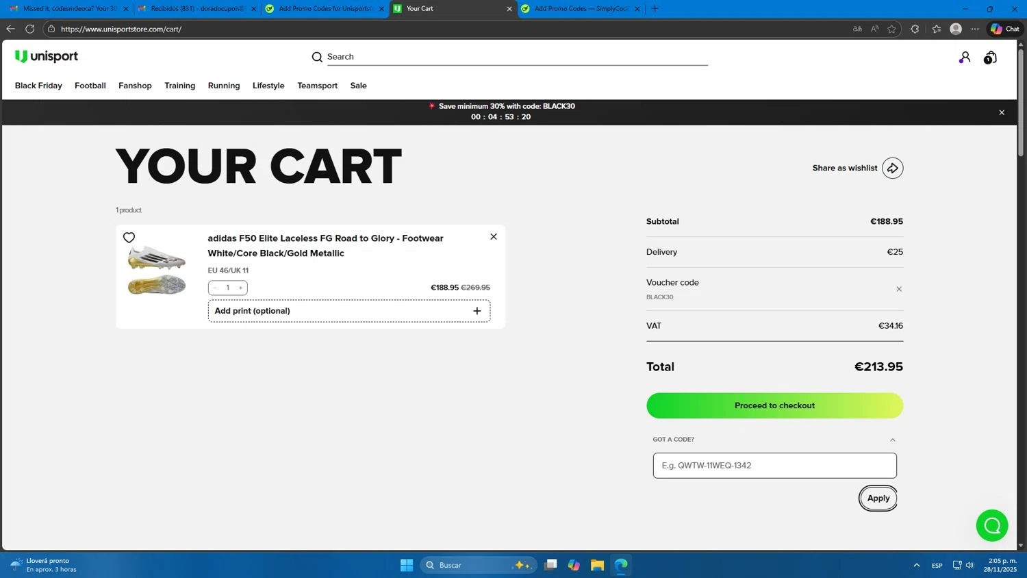 Unisportstore.com discount code screenshot showing code BLACK30 applied at Unisportstore.com checkout page. Uploaded by SimplyCodes community member Mdeoca on Nov 28, 2025