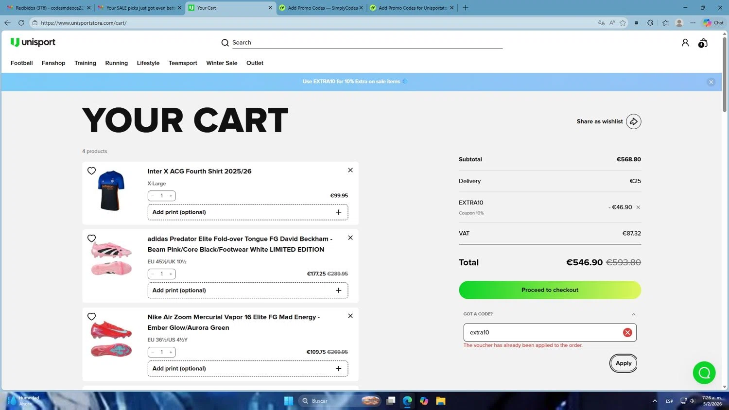 Unisportstore.com discount code screenshot showing code extra10 applied at Unisportstore.com checkout page. Uploaded by SimplyCodes community member Mdeoca on Feb 5, 2026