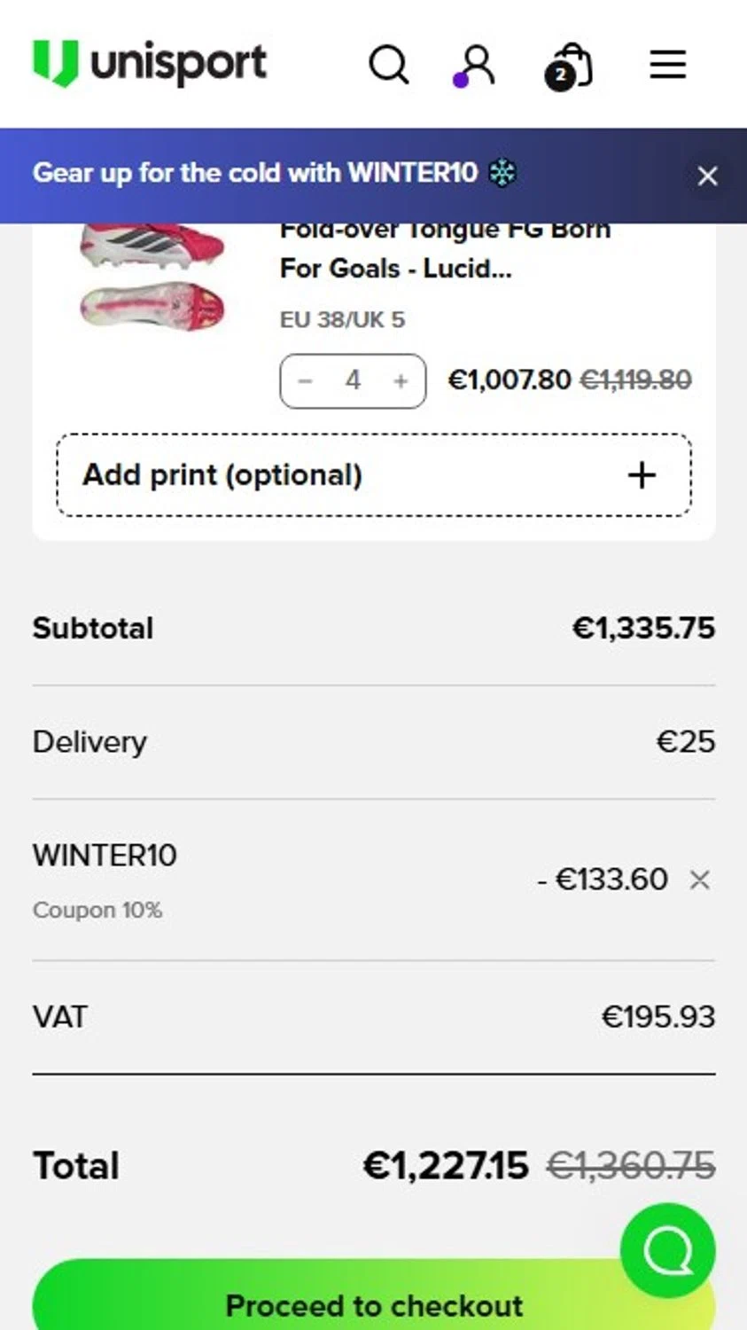 Unisportstore.com discount code screenshot showing code WINTER10 applied at Unisportstore.com checkout page. Uploaded by SimplyCodes community member RonaldoM32 on Jan 16, 2026