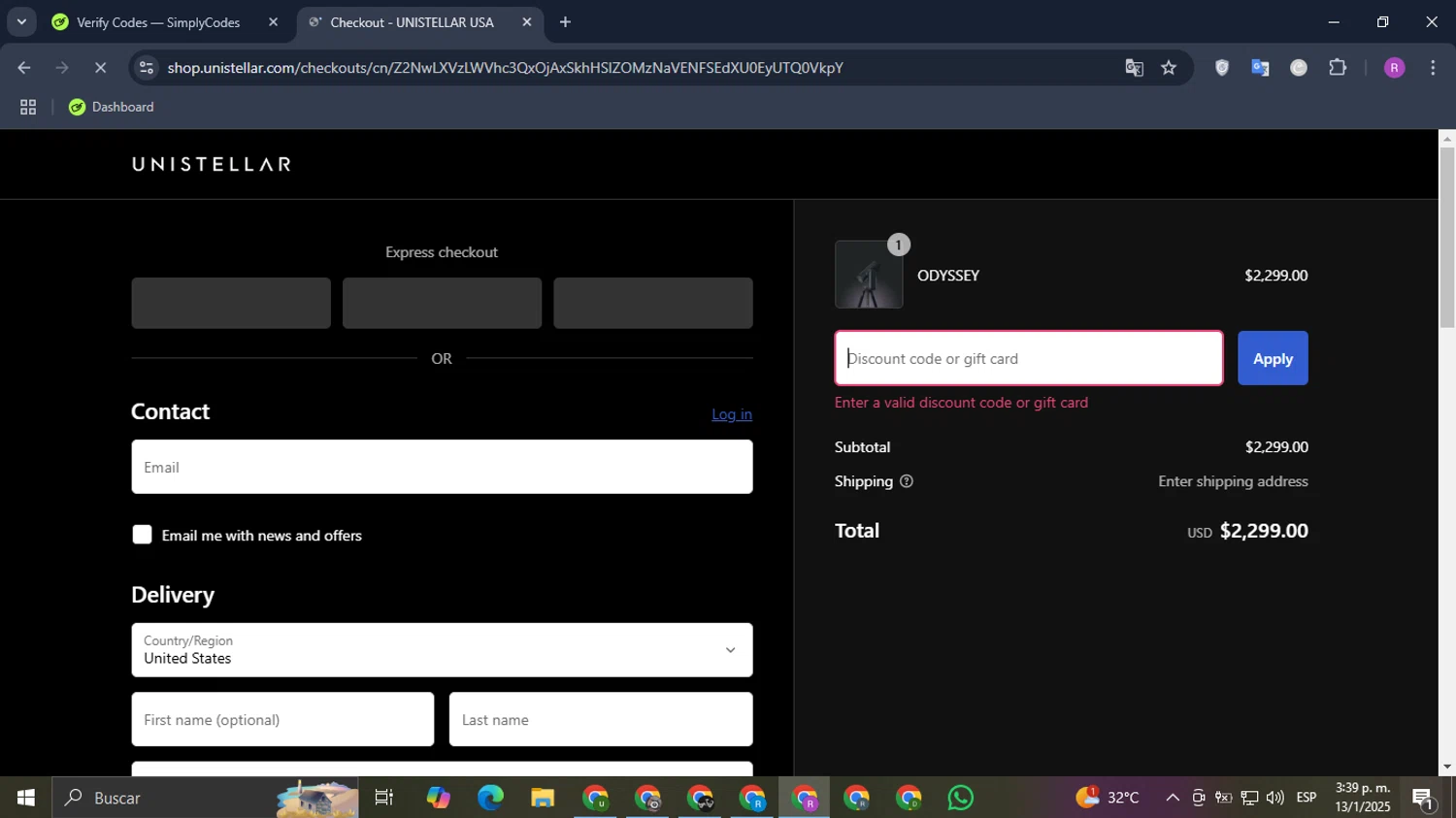Unistellar promo code screenshot showing code SPACEDAD applied at Unistellar checkout page. Uploaded by SimplyCodes community member Datacodes on Jan 13, 2025