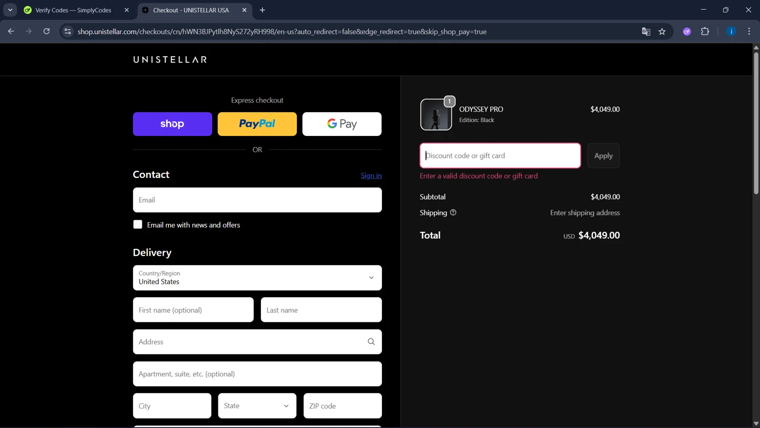Unistellar promo code screenshot showing code STARGAZER150 applied at Unistellar checkout page. Uploaded by SimplyCodes community member CodeSaver4373 on Sep 20, 2025