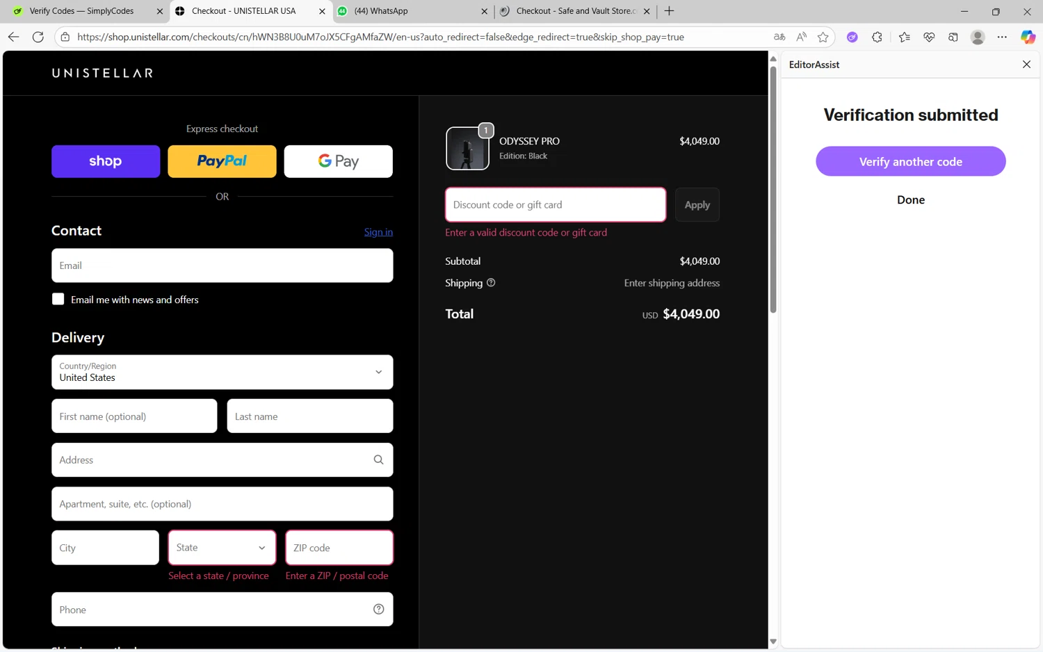 Unistellar promo code screenshot showing code STARGAZER150 applied at Unistellar checkout page. Uploaded by SimplyCodes community member juanx1702 on Sep 20, 2025