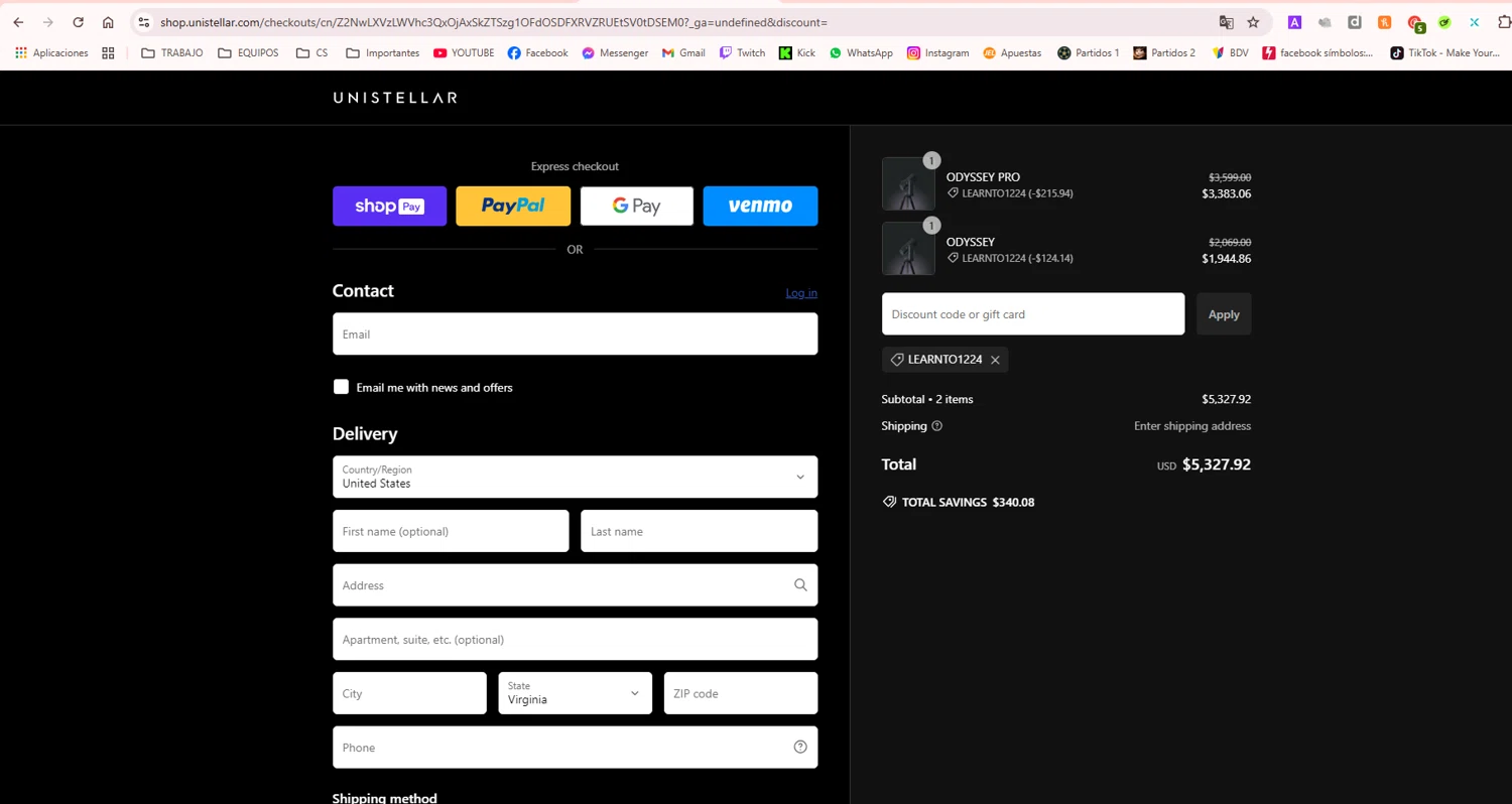 Unistellar promo code screenshot showing code LEARNTO1224 applied at Unistellar checkout page. Uploaded by SimplyCodes community member Jose29 on Dec 23, 2024