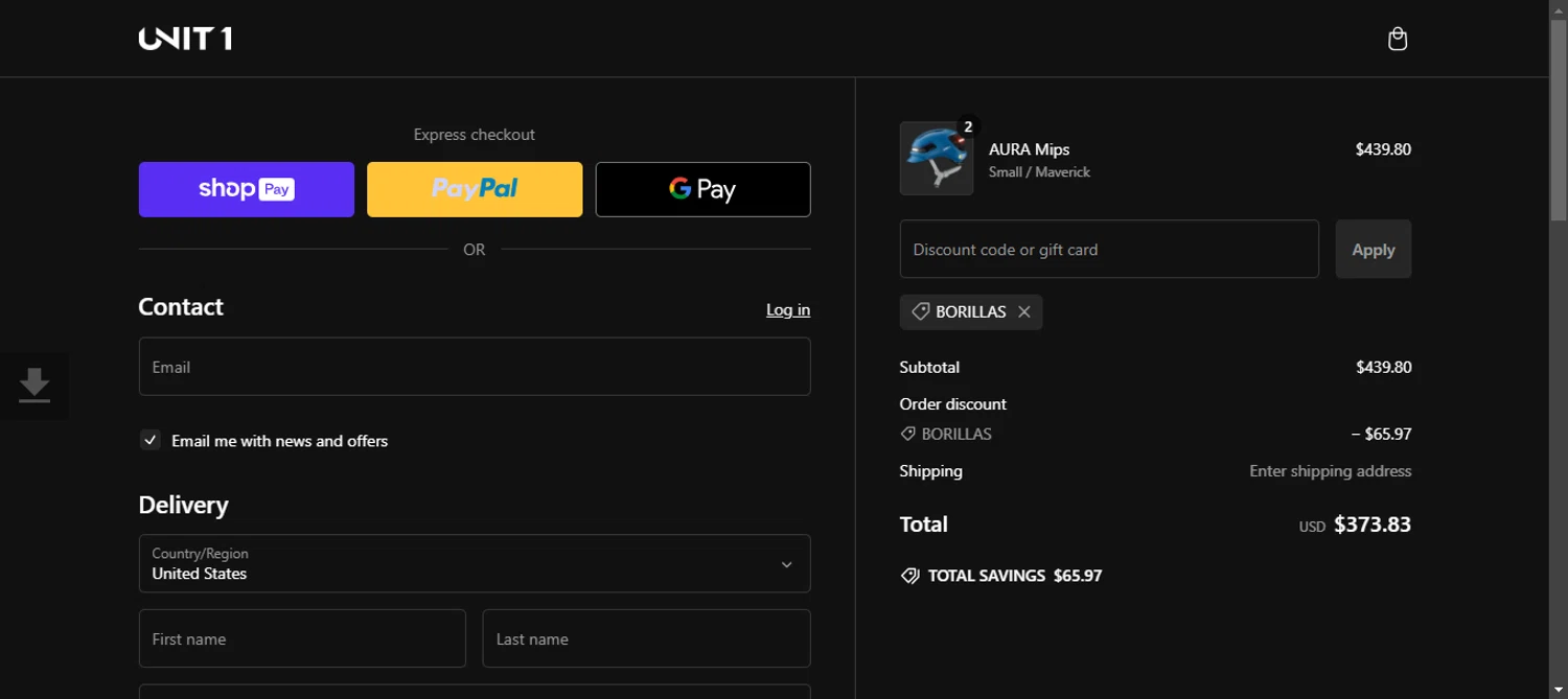 UNIT 1 Gear promo code screenshot showing code BORILLAS applied at UNIT 1 Gear checkout page. Uploaded by SimplyCodes community member 111111 on Jan 21, 2025