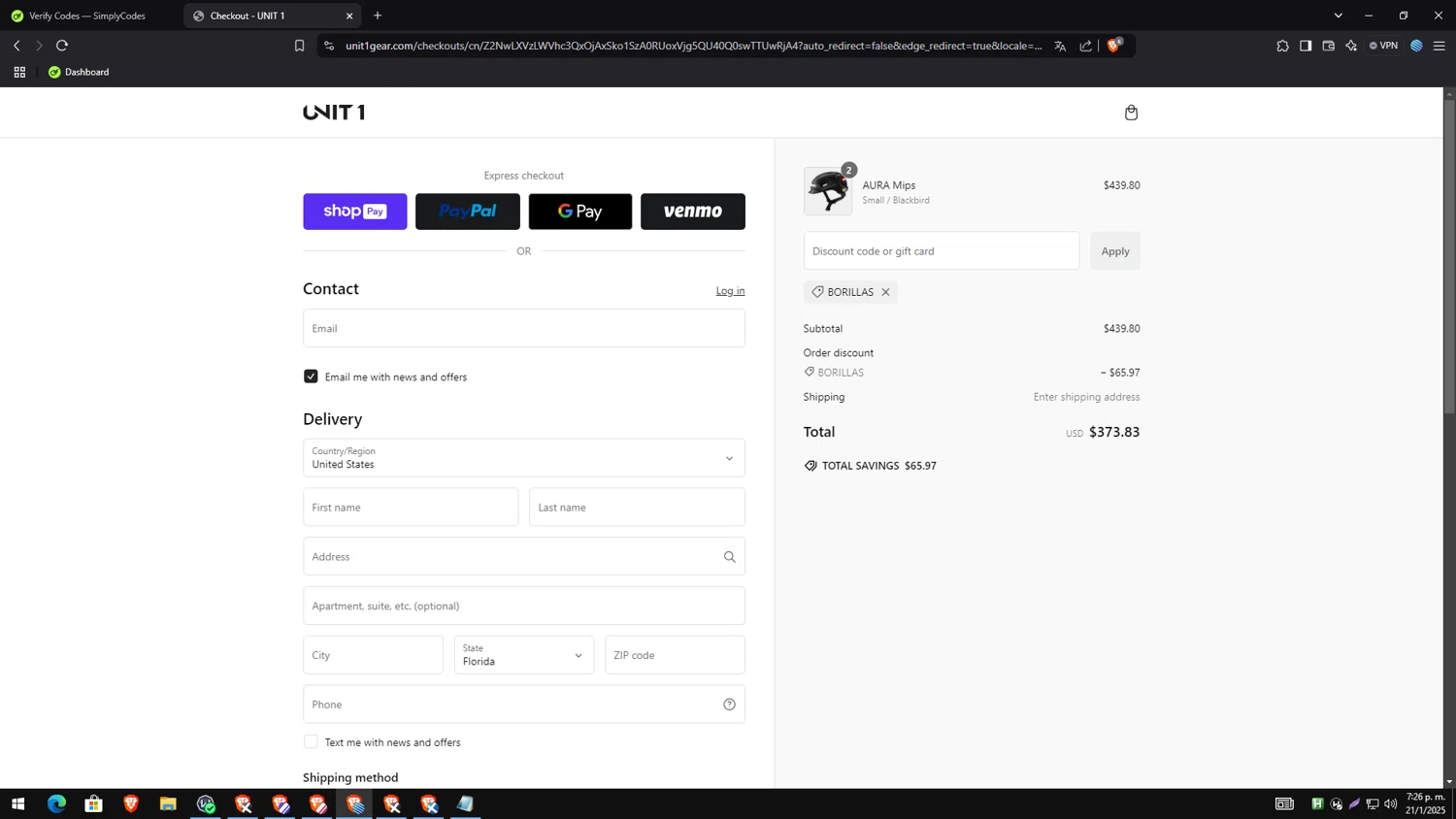 UNIT 1 Gear promo code screenshot showing code BORILLAS applied at UNIT 1 Gear checkout page. Uploaded by SimplyCodes community member MagnificentAce6663 on Jan 21, 2025