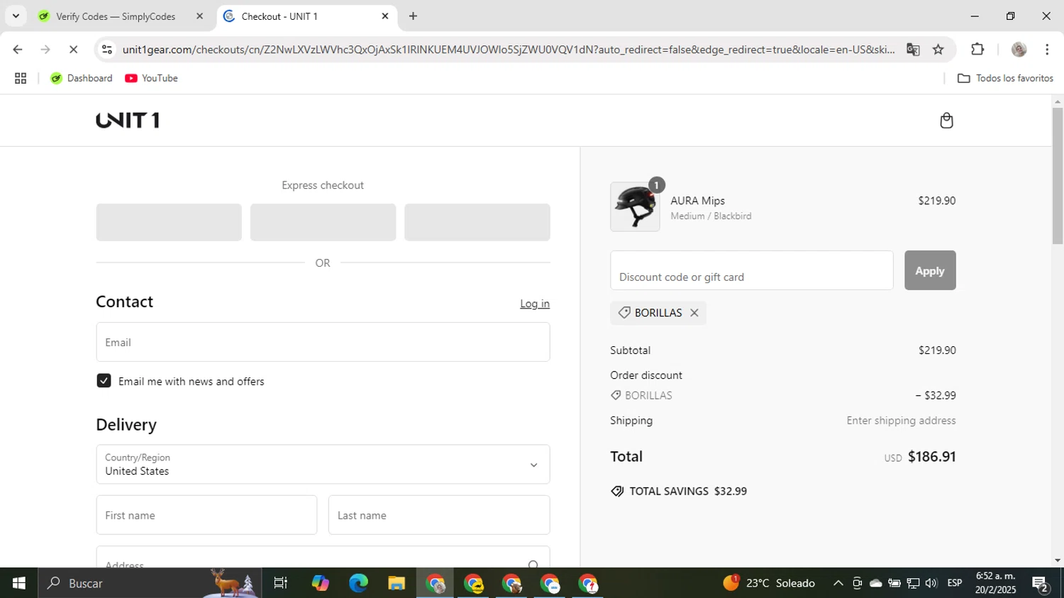 UNIT 1 Gear promo code screenshot showing code BORILLAS applied at UNIT 1 Gear checkout page. Uploaded by SimplyCodes community member powerSu on Feb 20, 2025