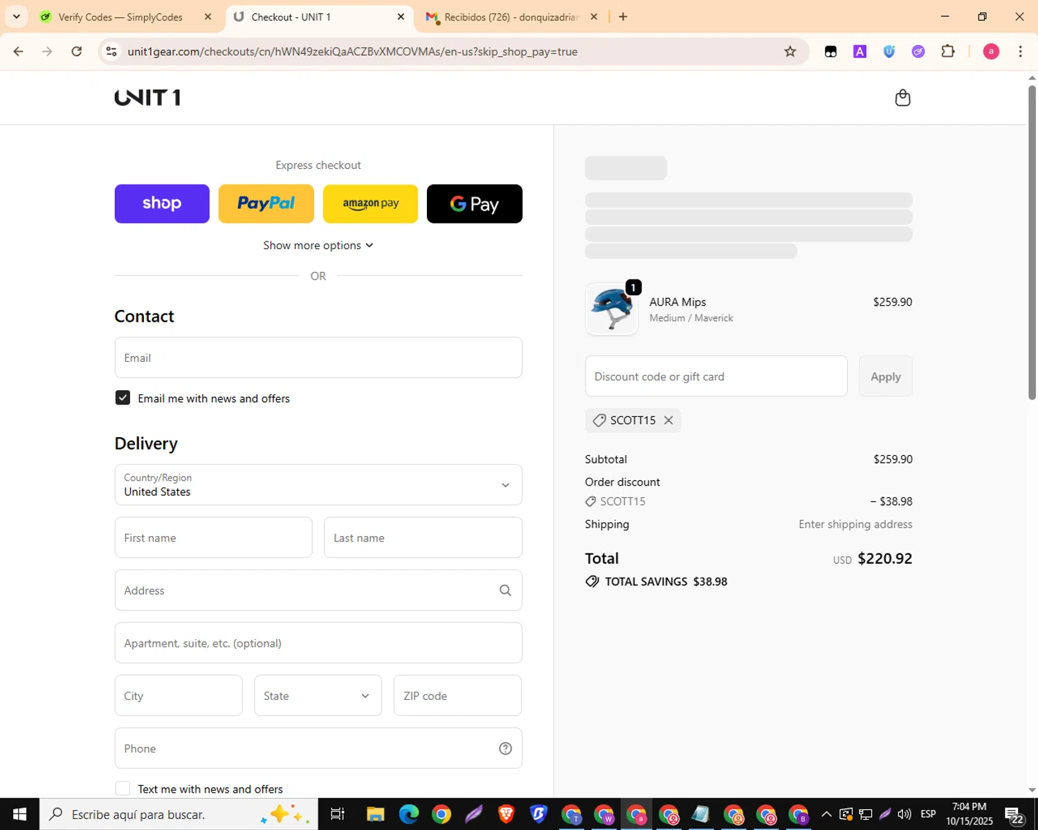 UNIT 1 Gear promo code screenshot showing code SCOTT15 applied at UNIT 1 Gear checkout page. Uploaded by SimplyCodes community member MagnificentKnight3359 on Oct 15, 2025