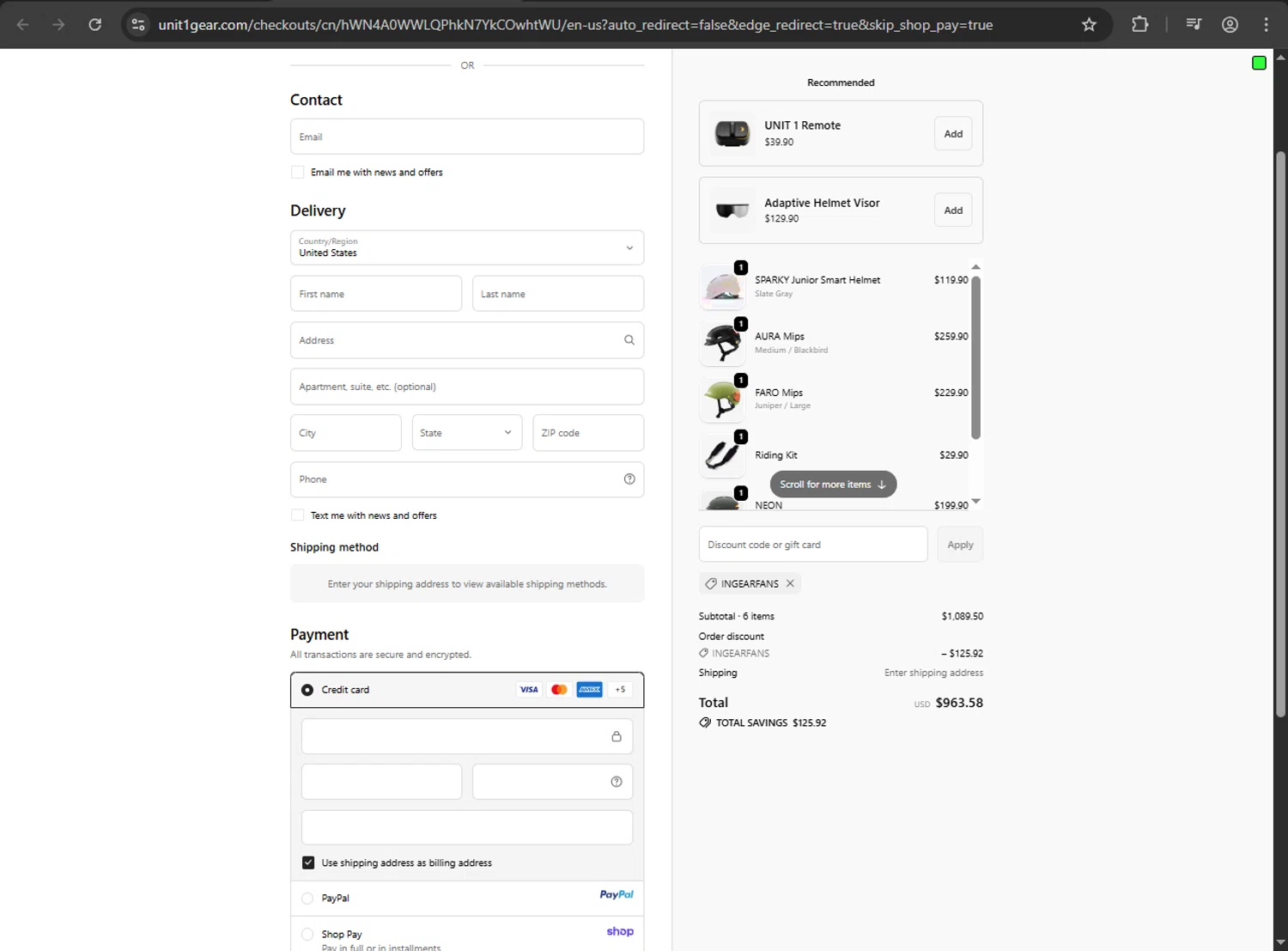 UNIT 1 Gear promo code screenshot showing code INGEARFANS applied at UNIT 1 Gear checkout page. Uploaded by SimplyCodes community member Aljondris97 on Oct 15, 2025