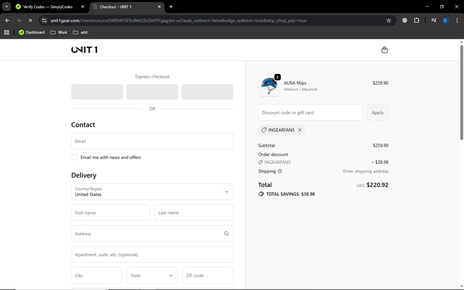 UNIT 1 Gear promo code screenshot showing code INGEARFANS applied at UNIT 1 Gear checkout page. Uploaded by SimplyCodes community member MoneyGenius452 on Oct 26, 2025
