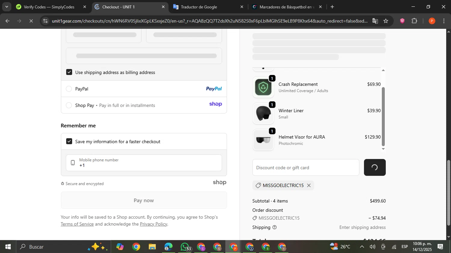 UNIT 1 Gear promo code screenshot showing code MISSGOELECTRIC15 applied at UNIT 1 Gear checkout page. Uploaded by SimplyCodes community member VictoriousCaptain2658 on Dec 15, 2025