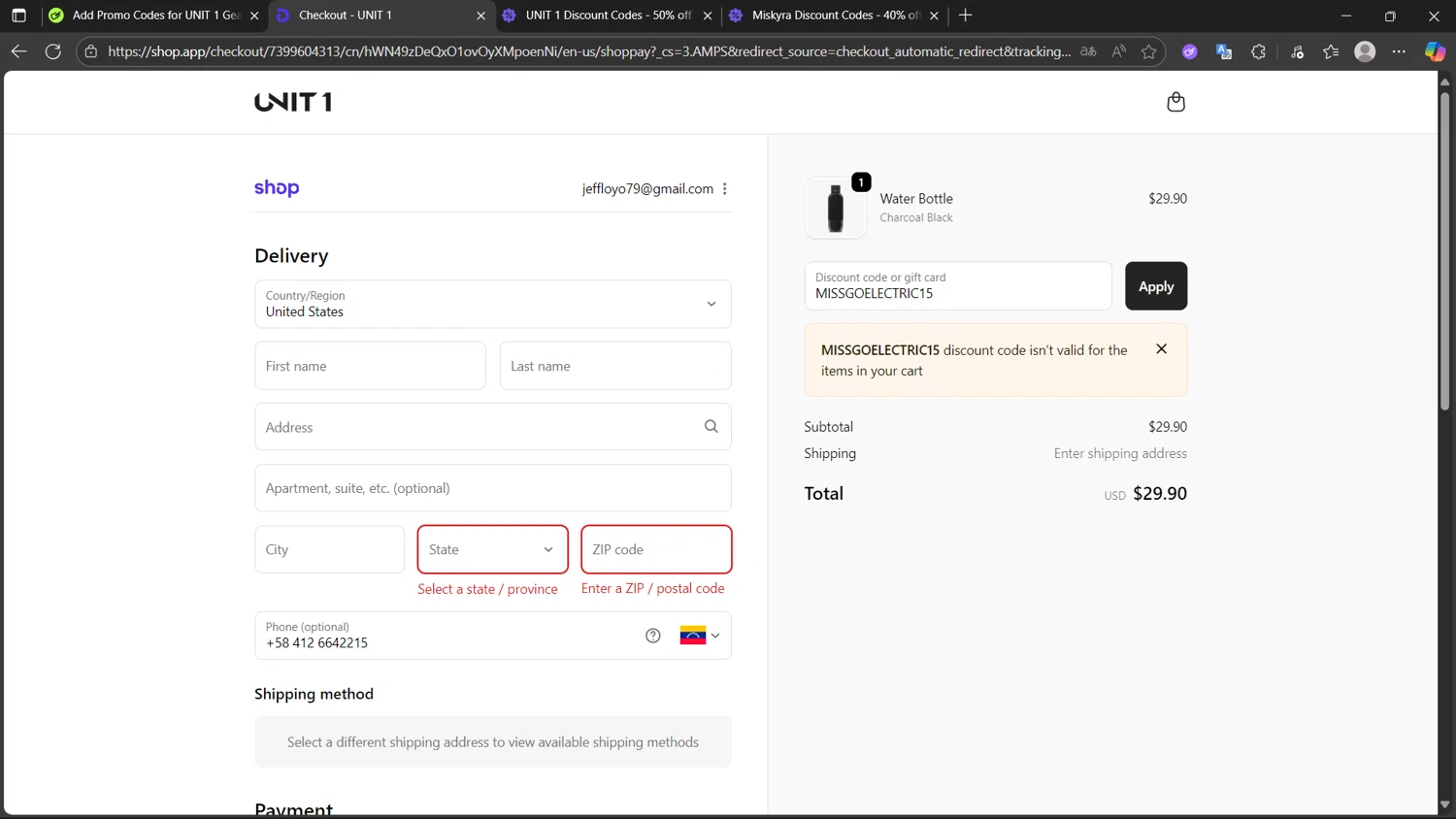 UNIT 1 Gear promo code screenshot showing code MISSGOELECTRIC15 applied at UNIT 1 Gear checkout page. Uploaded by SimplyCodes community member MightyHunter5940 on Oct 15, 2025