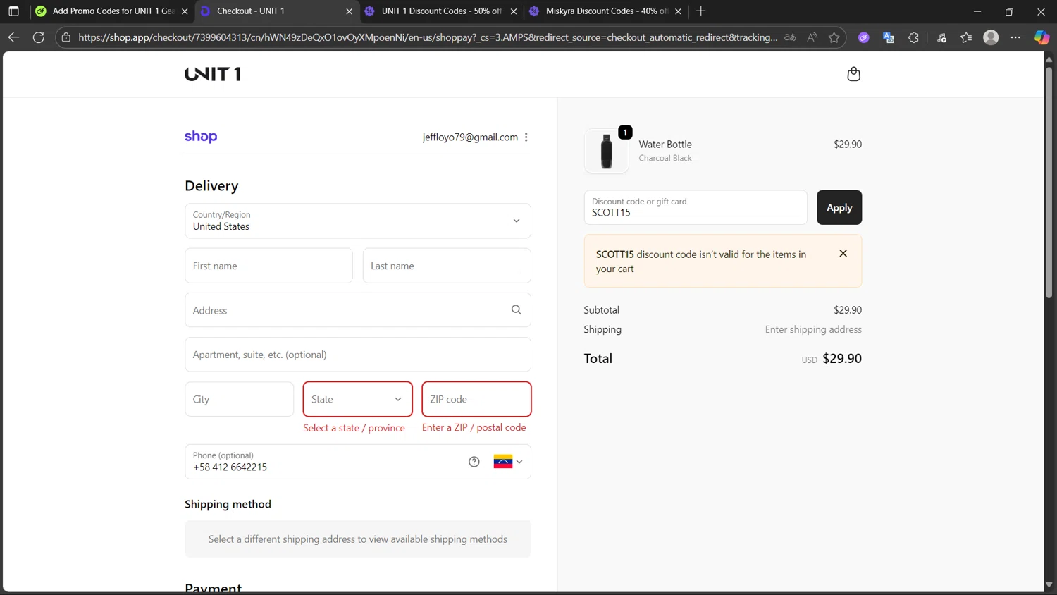 UNIT 1 Gear promo code screenshot showing code SCOTT15 applied at UNIT 1 Gear checkout page. Uploaded by SimplyCodes community member MightyHunter5940 on Oct 15, 2025