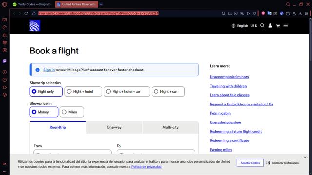 United Airlines checkout page showing United Airlines promo code box | Screenshot taken by SimplyCodes community member on Sep 26, 2025