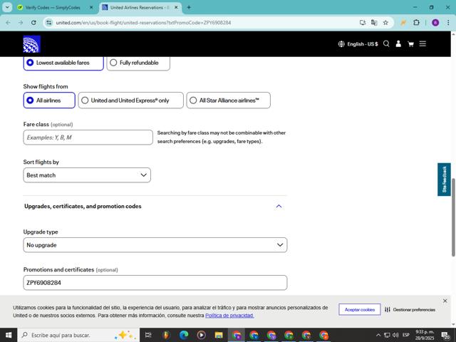 United Airlines checkout page showing United Airlines promo code box | Screenshot taken by SimplyCodes community member on Sep 29, 2025