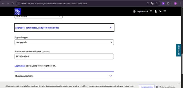 United Airlines checkout page showing United Airlines promo code box | Screenshot taken by SimplyCodes community member on Sep 23, 2025
