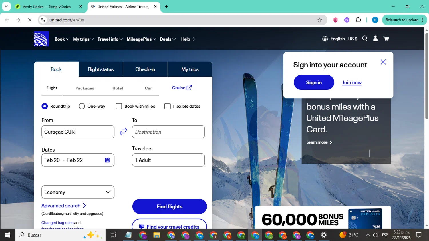 United Airlines promo code screenshot showing code save applied at United Airlines checkout page. Uploaded by SimplyCodes community member CodeShopper8605 on Dec 22, 2025