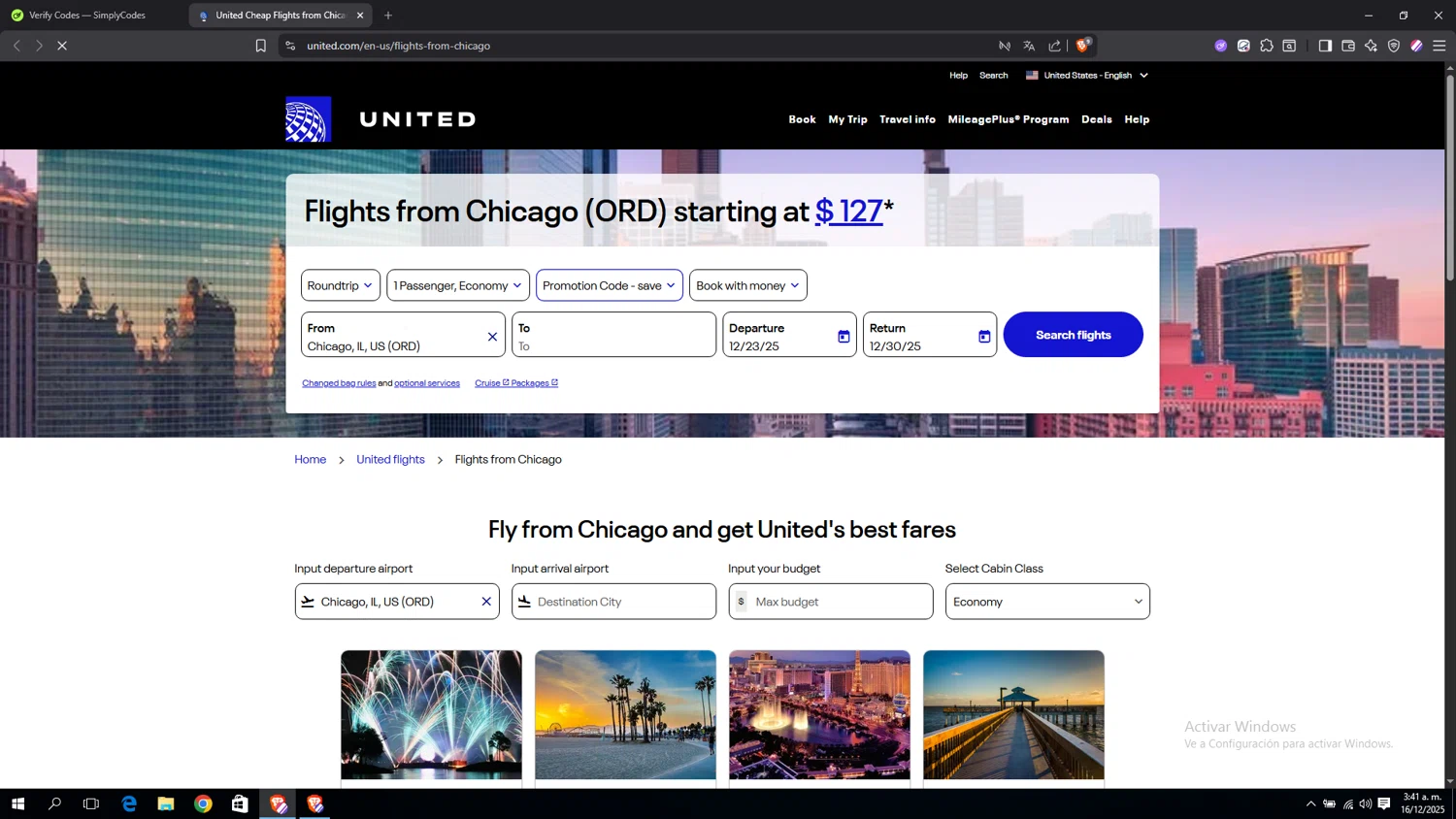 United Airlines checkout page showing United Airlines promo code box | Screenshot taken by SimplyCodes community member on Dec 16, 2025