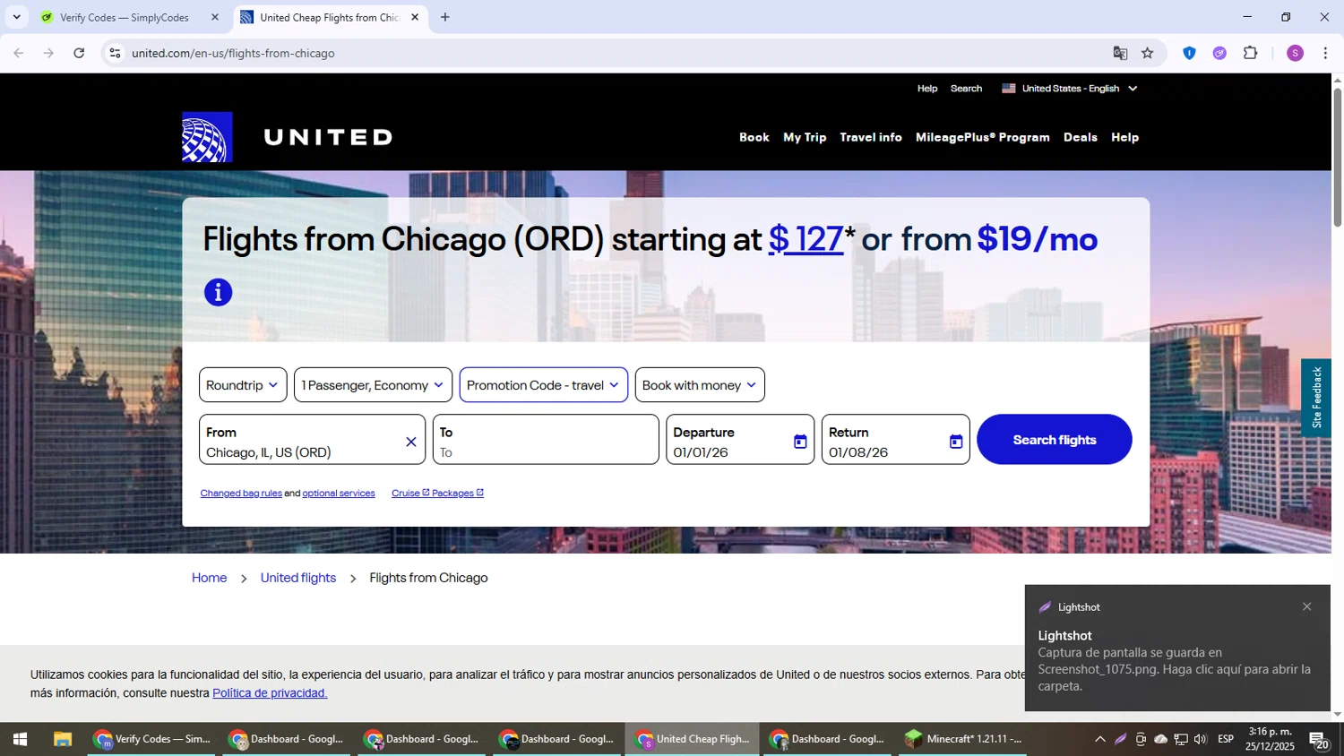 United Airlines promo code screenshot showing code travel applied at United Airlines checkout page. Uploaded by SimplyCodes community member Son_Goku on Dec 25, 2025
